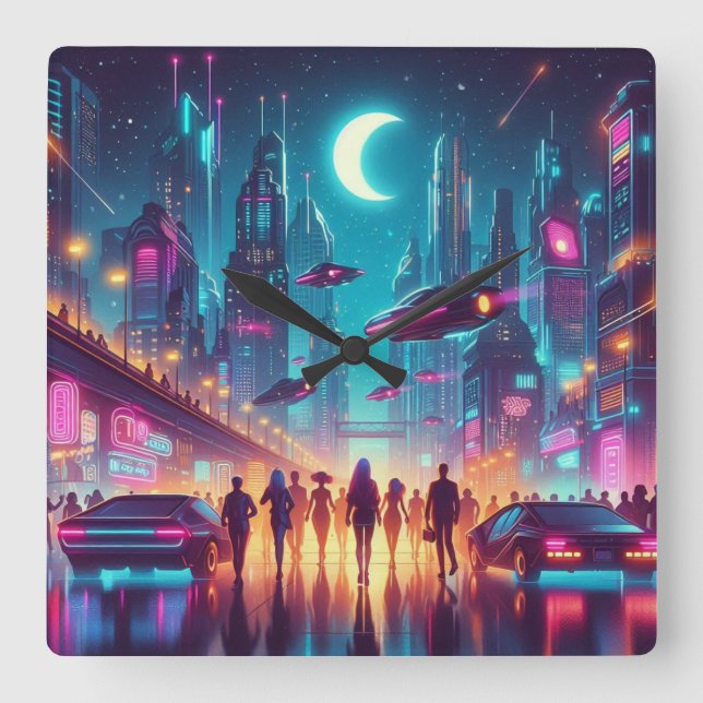 Neon Cityscape Square Wall Clock (Front)