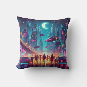 Neon Cityscape Throw Pillow