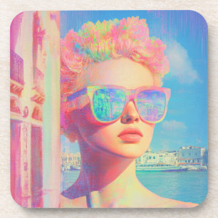 Neon Coastal Beauty with Sunglasses Coaster