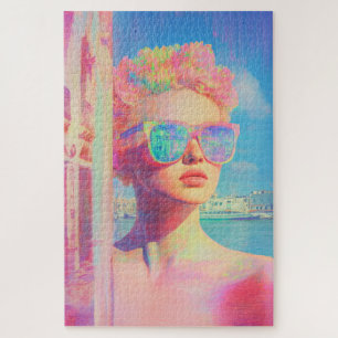 Neon Coastal Beauty with Sunglasses Jigsaw Puzzle