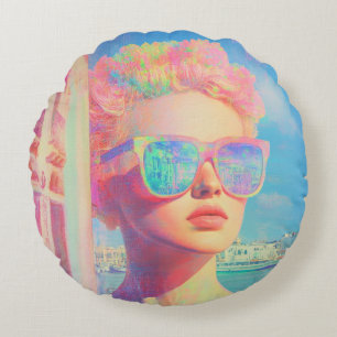 Neon Coastal Beauty with Sunglasses Round Pillow