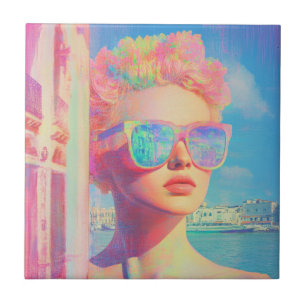 Neon Coastal Beauty with Sunglasses Tile