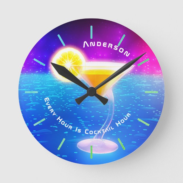 Neon COCKTAIL Hour Tropical Personalized Wall Round Clock (Front)