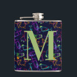 Neon Cocktails on Black Monogram Personalize Drink Hip Flask<br><div class="desc">Modern pattern of cocktails in neon colours - hot pink, lime green, orange, turquoise and lime green on black background vinyl wrap on 6 ounce flask. Fun gift for birthdays, bachelorette party, bridesmaids or for yourself. Use the Customize Further link to add or delete text, change font or font colour....</div>