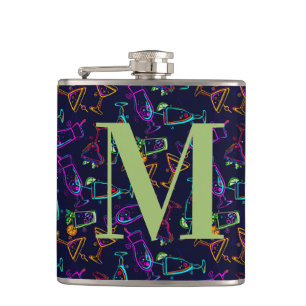 Neon Cocktails on Black Monogram Personalize Drink Hip Flask