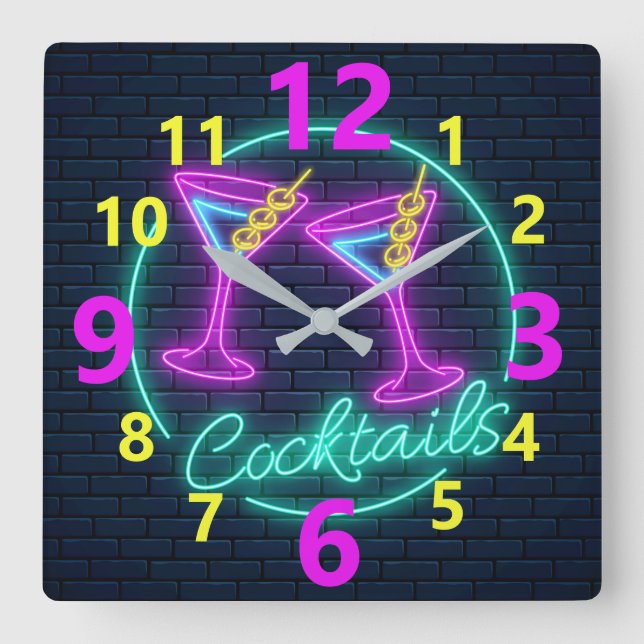 Neon Cocktails Sign Square Wall Clock (Front)