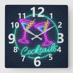 Neon Cocktails Sign Square Wall Clock