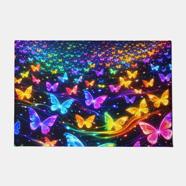 Neon colored butterfly design doormat (Front)