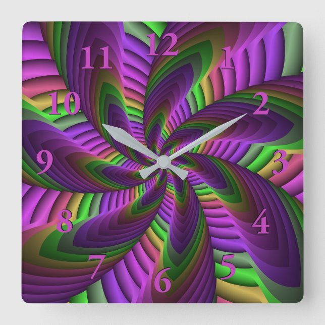 Neon Colors Flash Crazy Colorful Fractal Pattern Square Wall Clock (Front)