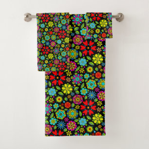 Neon Colors On Black Retro Floral Seamless Pattern Bath Towel Set