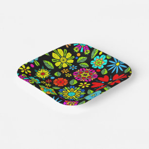 Neon Colors On Black Retro Floral Seamless Pattern Paper Plate