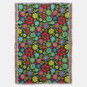 Neon Colors On Black Retro Floral Seamless Pattern Throw Blanket