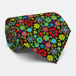 Neon Colors On Black Retro Floral Seamless Pattern Tie