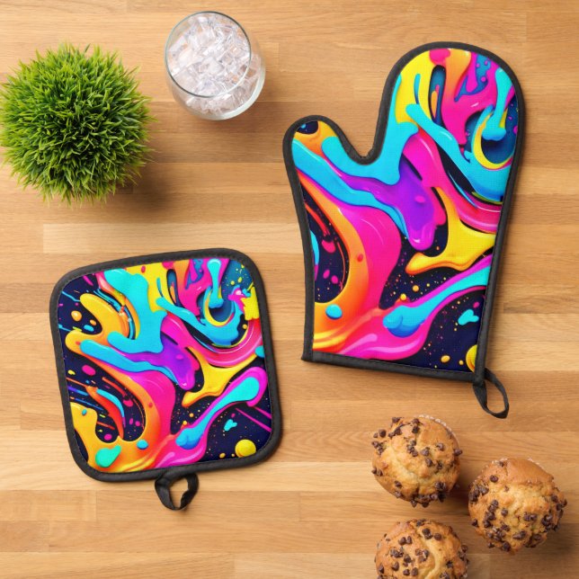 Neon Colour Fluid Dreams Oven Mitt & Pot Holder Set (Top Down)