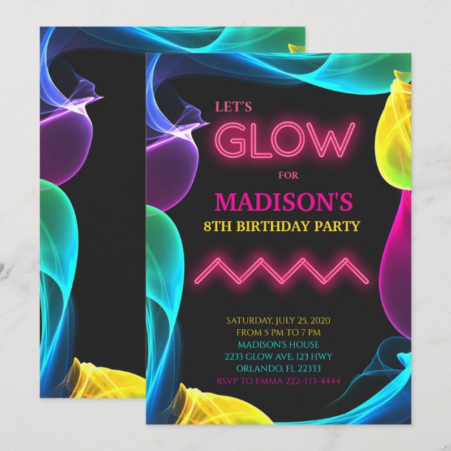 Neon Colourful Glow Birthday Invitation (Front/Back)