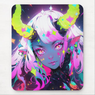 Neon Colourful Kawaii Demon Anime Girl Mouse Pad