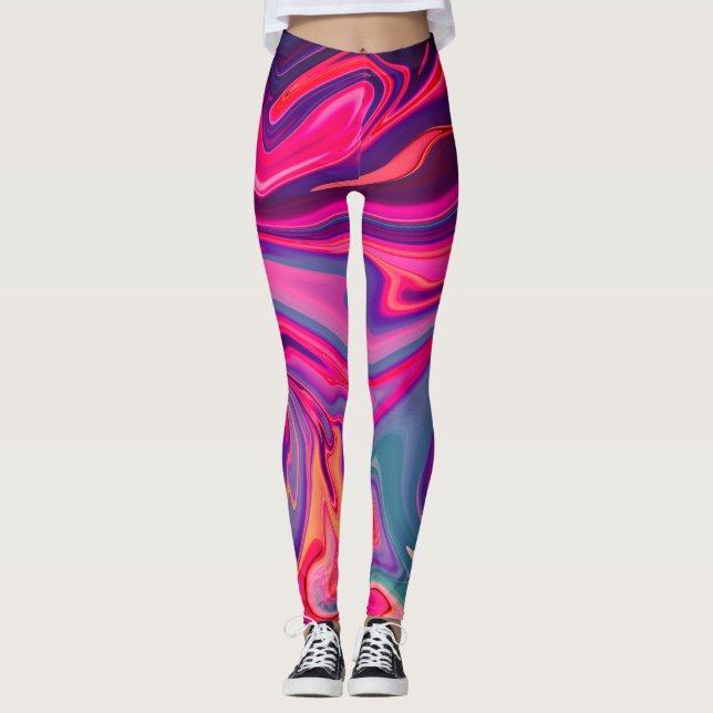 Neon Colourful Pink Blue Liquid Marble Abstract Leggings (Front)
