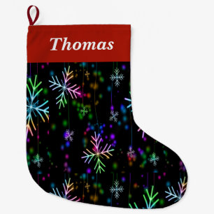 Neon colourful snowflakes on black large christmas stocking