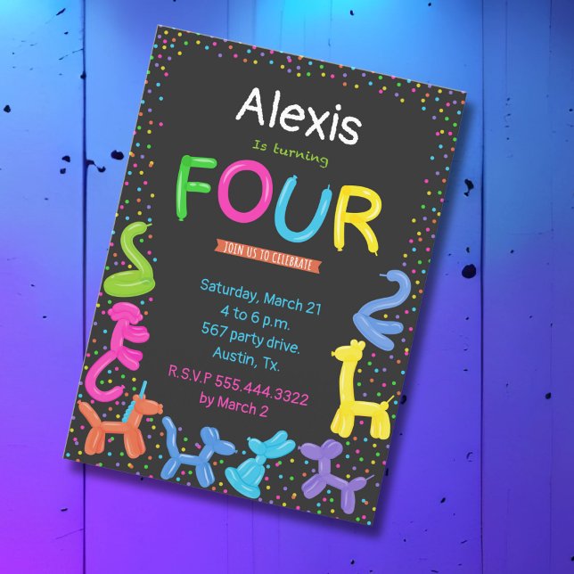 Neon colours animal balloons 4th birthday invitation (Creator Uploaded)