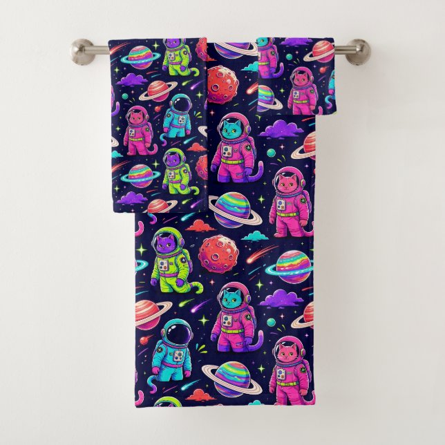 Neon Colours Astronaut Cats Outer Space Planets Bath Towel Set (Insitu)
