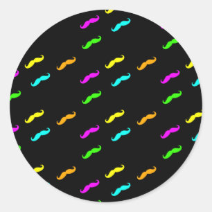 Neon Colours Curly Moustache On Black Classic Round Sticker