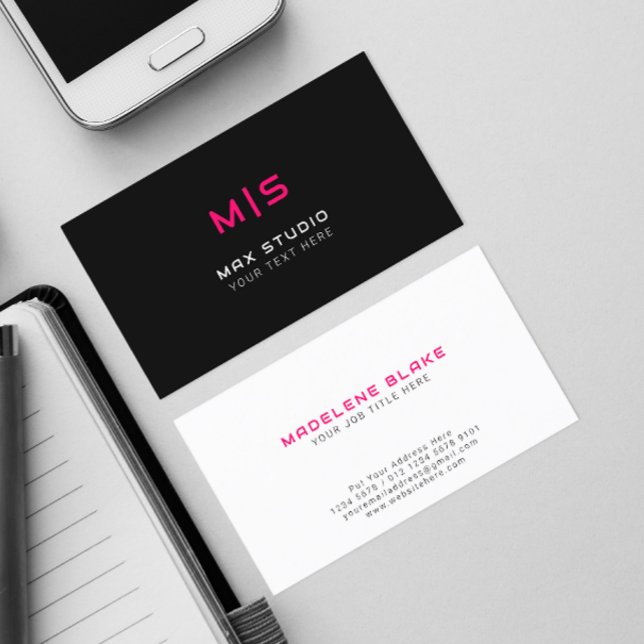 Neon Colours Initial on Black | Pink Monogram Business Card (Creator Uploaded)