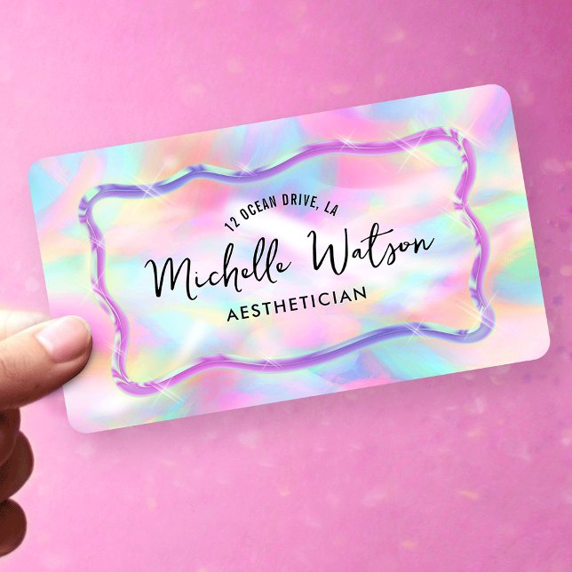 Neon Colours Iridescent Opal Stone Makeup Spa Salo Business Card (Neon effect business cards featuring trendy fonts and holographic style background)