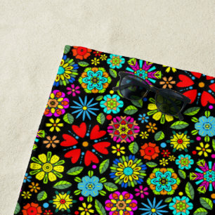 Neon Colours On Black Retro Floral Seamless Patter Beach Towel