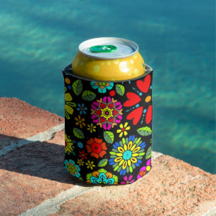 Neon Colours On Black Retro Floral Seamless Patter Can Cooler