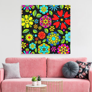 Neon Colours On Black Retro Floral Seamless Patter Canvas Print