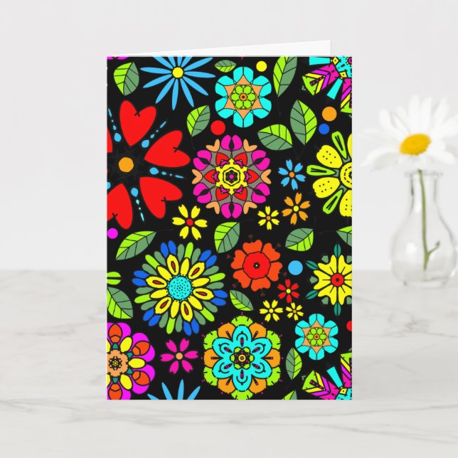 Neon Colours On Black Retro Floral Seamless Patter Card (Small Plant)