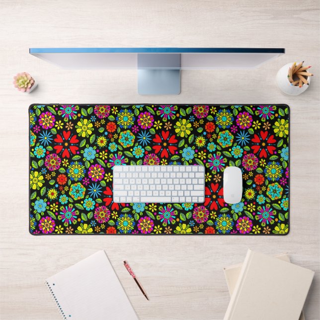 Neon Colours On Black Retro Floral Seamless Patter Desk Mat (Office 1)