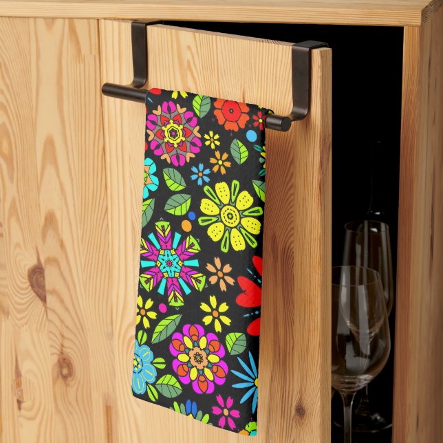 Neon Colours On Black Retro Floral Seamless Patter Kitchen Towel (Thirds Fold)