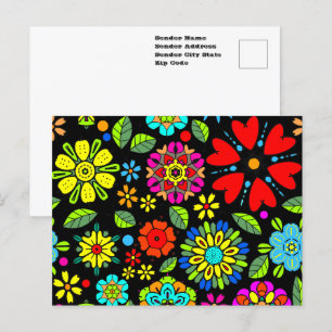 Neon Colours On Black Retro Floral Seamless Patter Postcard
