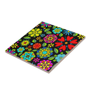 Neon Colours On Black Retro Floral Seamless Patter Tile