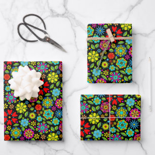 Neon Colours On Black Retro Floral Seamless Patter Wrapping Paper Sheet