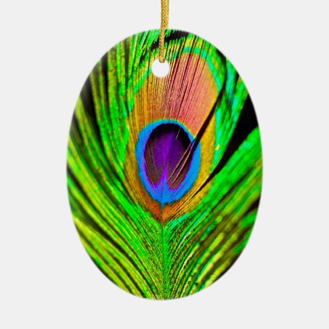 Neon Colours Peacock Feather Ceramic Ornament (Front)