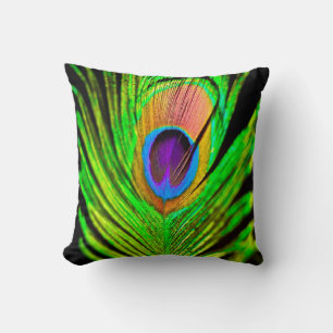 Neon Colours Peacock Feather Throw Pillow