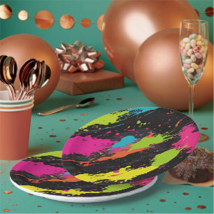 Neon Colours Retro Paint Splatter Paper Plate