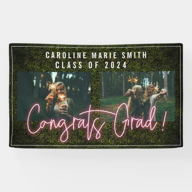 Neon Congrats Graduate 2 Photo Graduation Party Banner (Horizontal)