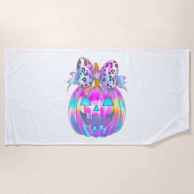 Neon Coquette Halloween Pumpkin Beach Towel (Front)