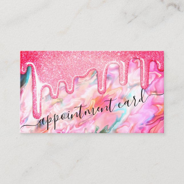 Neon Coral Pearl Opal Glitter Drips Appointment Business Card (Front)