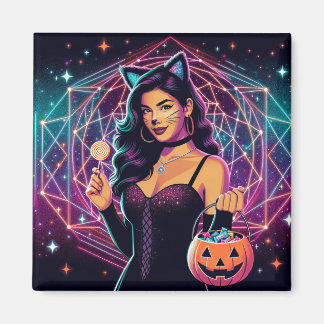 Neon Cosmic Cat Girl Candy Bucket Square Magnet