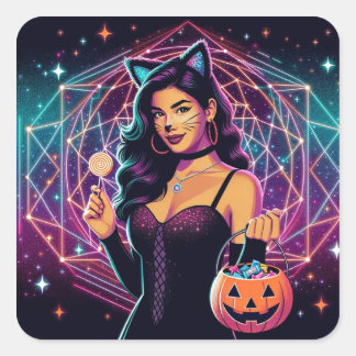 Neon Cosmic Cat Girl Candy Bucket Square Sticker