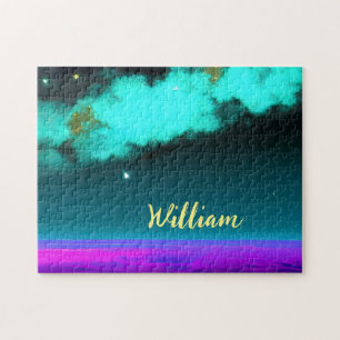 Neon Cosmic Cloudscape with Twinkling Stars Jigsaw Puzzle