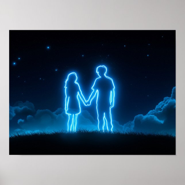 Neon Couple Holding Hands Under Starry Sky Poster (Front)