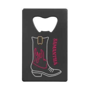 Neon Cowboy Boot Customizable Name Credit Card Bottle Opener