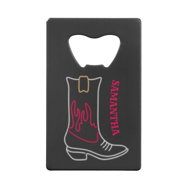 Neon Cowboy Boot Customizable Name Credit Card Bottle Opener (Front)