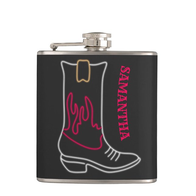 Neon Cowboy Boot Customizable Name Hip Flask (Front)