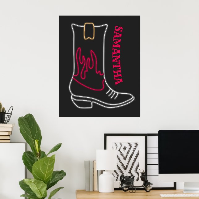 Neon Cowboy Boot Customizable Name Poster (Home Office)